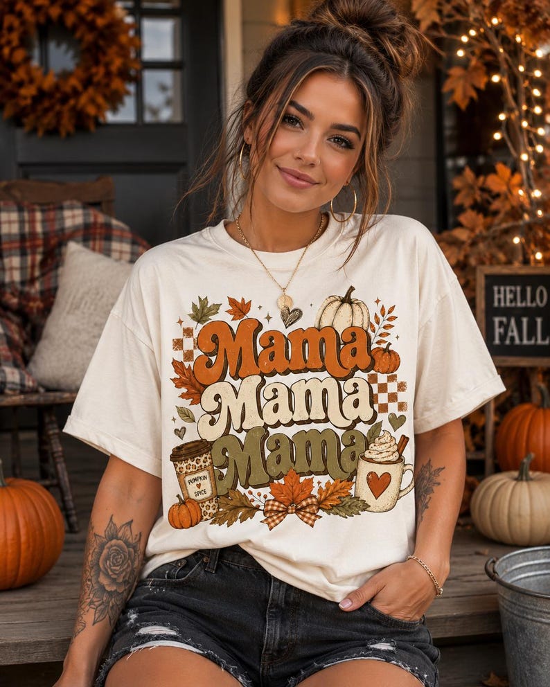 May include: A cream-colored short-sleeve t-shirt featuring a graphic print with the repeated word Mama in orange, cream, and olive green. The design includes illustrations of pumpkins, autumn leaves, a coffee cup, and a mug with whipped cream.
