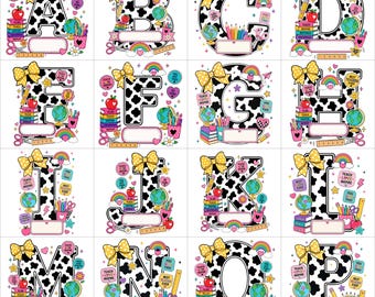 Custom Teacher Cow Print Alphabet PNG, Personalized Sublimation Monogram Letters, Teach Love Inspire Name Design PNG Bundle