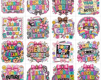 Coquette Preppy PNG Bundle, Pink Bow Back to School Sublimation Design, Glitter School Badge PNG, Checkered Digital Download