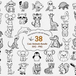 Könnte beinhalten: Eine Sammlung von 38 niedlichen Tierillustrationen in Schwarzweiß. Das Bild zeigt eine Vielzahl von Tieren wie Hund, Affe, Hahn, Fisch, Vogel, Schildkröte, Hai, Schwein, Maus, Waschbär, Tiger, Giraffe, Ente, Esel, Zebra, Fuchs, Delfin, Eule, Eidechse, Panda, Ziege, Elefant, Pinguin, Koala, Bär, Frosch, Nilpferd, Kaninchen, Kuh, Nashorn, Leopard, Eichhörnchen und Hirsch.