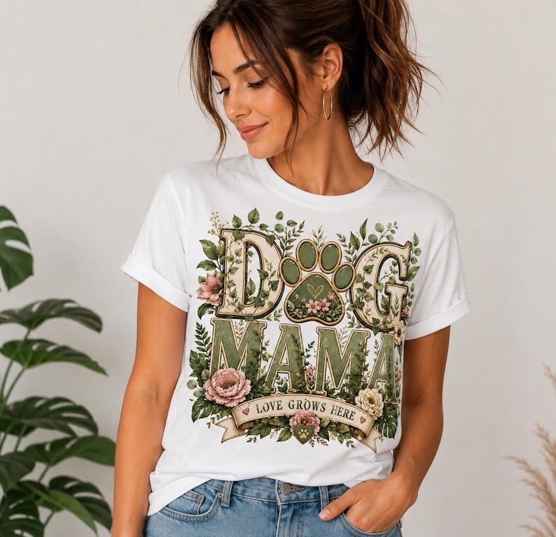 May include: White t-shirt with a floral design and the words "DOG MAMA" in green and beige. The design includes a dog paw print and the text "LOVE GROWS HERE" on a banner. The shirt has rolled-up sleeves.