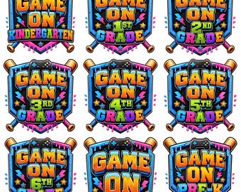 Game On Back to School PNG Bundle, Boys Gamer Shirt Design First Day of School Pre-K Kindergarten 1st 2nd 3rd 4th 5th 6th Grade PNG Baseball