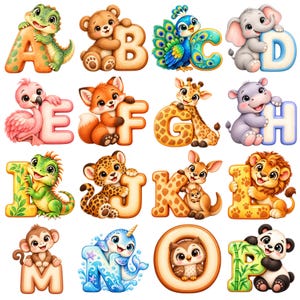 Pode incluir: Uma coleção de dezasseis letras coloridas de A a P, cada uma emparelhada com um animal de desenho animado fofo. O conjunto inclui um jacaré verde, um urso castanho, um pavão azul, um elefante cinzento, um flamingo cor-de-rosa, uma raposa laranja, uma girafa, um hipopótamo, uma iguana, um leopardo, um canguru, um leão, um macaco, um narval, uma coruja e um panda.