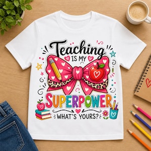 May include: White t-shirt with a colorful graphic. The graphic features a pink bow with a leopard print and heart details, a pencil, and an apple. Text reads "Teaching is my Superpower! What's Yours?"