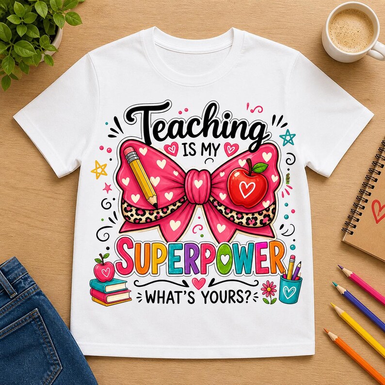 May include: White t-shirt with a colorful graphic. The graphic features a pink bow with a leopard print and heart details, a pencil, and an apple. Text reads "Teaching is my Superpower! What's Yours?"