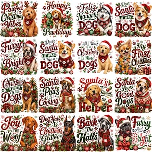 Könnte beinhalten: Eine Sammlung von sechzehn quadratischen digitalen Illustrationen, die verschiedene Hunderassen mit Weihnachtsmützen und rot karierten Schals zeigen, umgeben von Weihnachtsdekorationen, Geschenken und festlichen Schriftzügen.