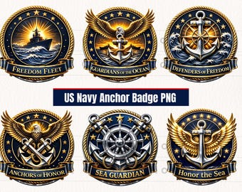 May include: A collection of six US Navy anchor badges with gold and navy blue designs. Each badge features an anchor, eagle, ship, or helm, with text such as "Freedom Fleet" and "Guardians of the Ocean". The text "US Navy Anchor Badge PNG" is also present.