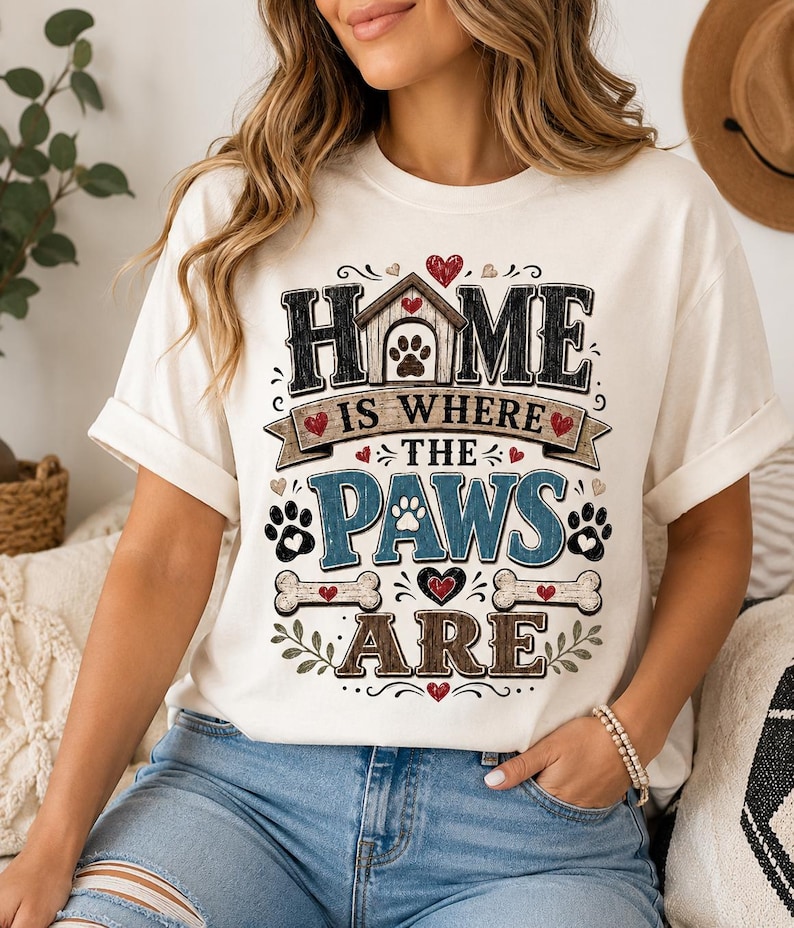 May include: A cream-colored short-sleeve t-shirt featuring a graphic design with the text "HOME IS WHERE THE PAWS ARE". The design includes a dog house, paw prints, bones, and red hearts, with the word "HOME" in black, "PAWS" in blue, and "ARE" in brown.
