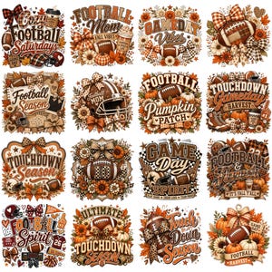 May include: A collection of sixteen digital illustrations featuring football themes, autumn foliage, sunflowers, pumpkins, plaid bows, and sports equipment like helmets and balls, with various text overlays including Football Saturdays and Touchdown Season.
