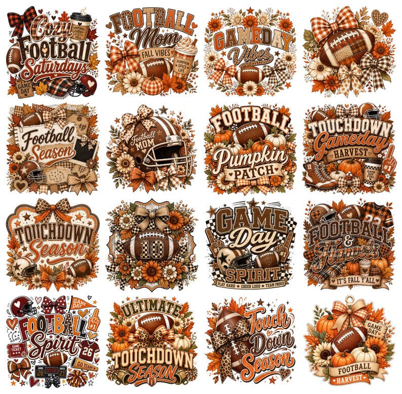 Op de afbeelding: Een verzameling van zestien digitale illustraties met football-thema's, herfstbladeren, zonnebloemen, pompoenen, geruite strikken en sportuitrusting zoals helmen en ballen, met diverse tekstoverlays waaronder Football Saturdays en Touchdown Season.