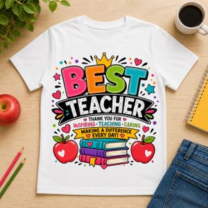 May include: White t-shirt with a colorful graphic that says "BEST TEACHER". The design includes a crown, hearts, stars, and books. Two red apples are on either side of the books. The text also says "Thank you for inspiring, teaching, caring, making a difference every day!"