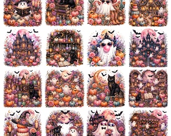 Pacchetto PNG di Halloween, disegni per sublimazione con zucche fantasma, grafica di Halloween spettrale e carina, PNG autunnali da strega, clipart di gatto nero