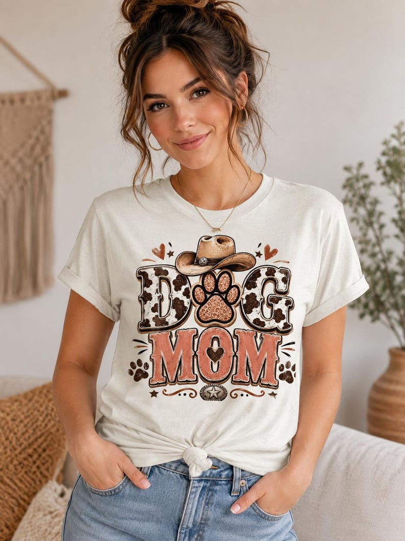 May include: A light beige t-shirt featuring the text "DOG MOM" in a Western-style design. The design includes a cowboy hat, paw prints, and hearts. The shirt is worn by a person with their hands in their pockets.