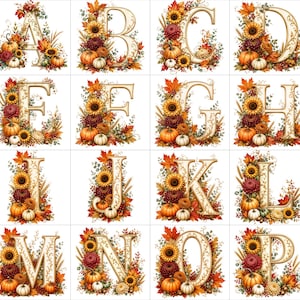 May include: A collection of sixteen capital letters from A to P, each decorated with autumn-themed floral arrangements including sunflowers, orange and white pumpkins, red dahlias, wheat stalks, and fall-colored leaves on a white background.