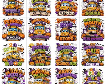 Pacchetto PNG di scuolabus di Halloween, autista di scuolabus per Halloween, scuolabus carino e spettrale con zucca, maglietta da insegnante PNG, download immediato