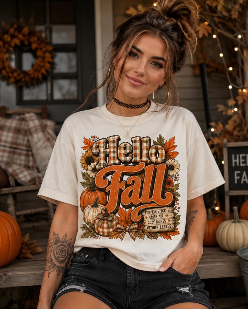 May include: A cream-colored short-sleeve t-shirt featuring a graphic print with the text Hello Fall in orange and plaid lettering. The design includes illustrations of pumpkins, sunflowers, autumn leaves, and a sign listing Pumpkin Spice, Crisp Air, Cozy Nights, and Autumn Leaves.