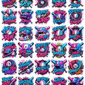 May include: A series of baseball-themed designs in pink and blue. Each graphic includes baseballs, bats, and phrases such as "Respect the Drip" and "Swing Hard." The style is bold and energetic, suitable for sports fans.