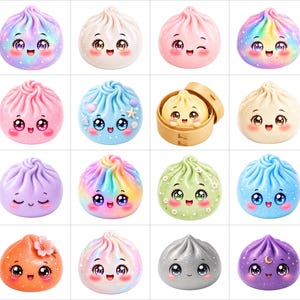 May include: A collection of sixteen round, dumpling-shaped figurines featuring various colors, glittery finishes, and patterns. Each figurine displays a smiling face with large, expressive eyes, including designs with seashells, flowers, and celestial motifs.