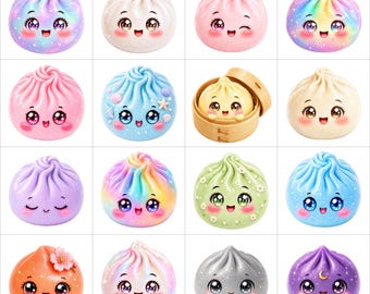 Glitter Dumpling PNG Bundle, Kawaii Baozi Sublimation Design, Cute Food Character PNG, Rainbow Glitter Bun Digital Download