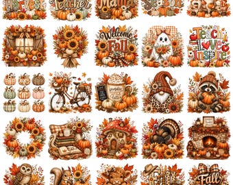 Pacchetto di 50 PNG autunnali, PNG autunnali civettuoli, Fantasma di zucca carino, Mamma, Insegnante, Atmosfera autunnale felice per sublimazione, PNG a download immediato