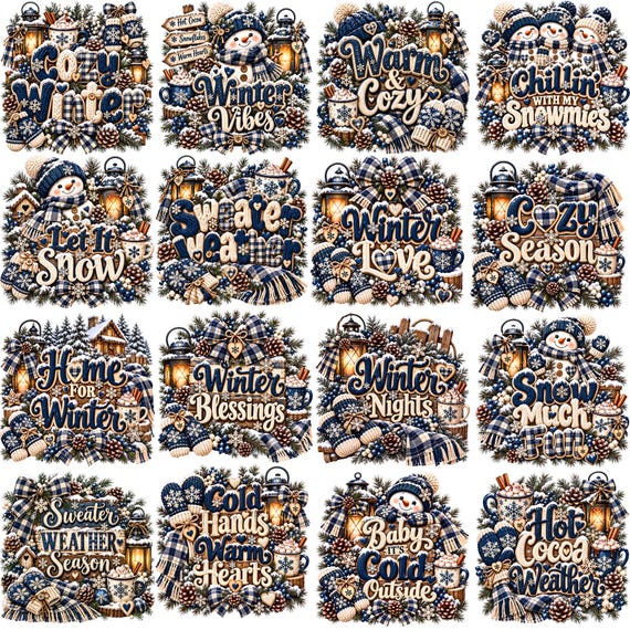 Winter PNG Bundle, Blue Plaid Snowman Sublimation Designs, Cozy Winter Quotes, Winter Bow, Hot Cocoa Clipart PNG, Christmas Craft Design