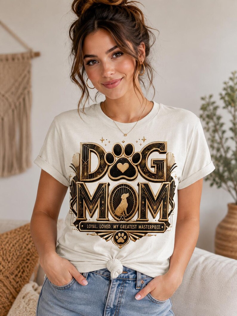 May include: Cream-colored t-shirt with the text "DOG MOM" in a decorative gold and black design. The design includes a paw print, a heart, and a silhouette of a dog. The text "LOYAL. LOVED. MY GREATEST MASTERPIECE" is also included.