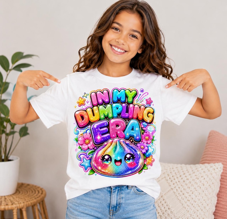 May include: A white short-sleeved t-shirt featuring a colorful graphic print with the text "IN MY DUMPLING ERA" in bold, bubble-style letters. The design includes a smiling, rainbow-colored dumpling character surrounded by pink flowers and stars.