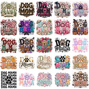 May include: A collection of colorful graphic designs featuring the text "Dog Mom" and paw prints. The designs incorporate various fonts, floral elements, and holiday themes, including Halloween and Christmas. The color palette includes pink, blue, orange, and black.