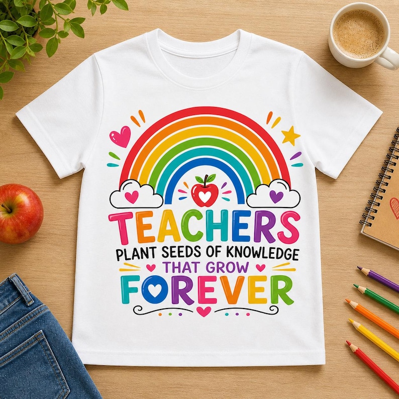 May include: White t-shirt with a colorful rainbow design and the words "TEACHERS PLANT SEEDS OF KNOWLEDGE THAT GROW FOREVER." The design includes hearts, clouds, and an apple. A perfect gift for teachers.