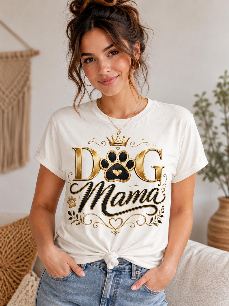 May include: Cream-colored t-shirt with the text "DOG Mama" in gold and black. The design includes a paw print, crown, and decorative flourishes. The shirt is knotted at the waist and worn with blue jeans.