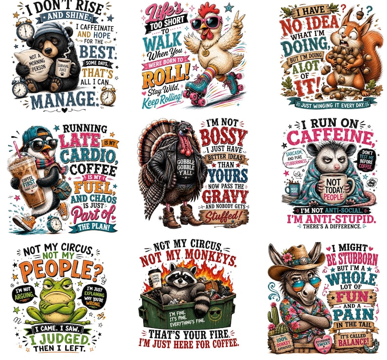 Lustiges sarkastisches Tier PNG-Bundle, Humorzitat Sublimationsdesign, lustiges Sprichwort Png, Kaffeeliebhaber Png, Sarkasmus Shirt Png, Einstellung Zitat Png Bild 1