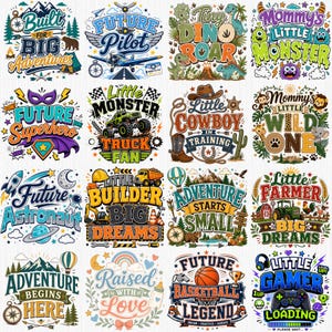 May include: A collection of sixteen colorful graphic designs featuring themes like dinosaurs, space, sports, and adventure. Each design includes playful typography and illustrations such as airplanes, trucks, animals, and gaming controllers for children.