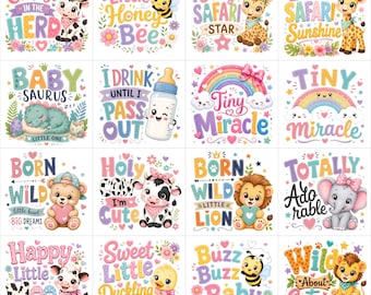 Paquete de imágenes PNG de animales bebés, imágenes PNG de bebés lindos para sublimación, frases divertidas para bebés, imágenes PNG de mamelucos para bebés, imágenes PNG de decoración para guardería, diseño de camisetas para niños pequeños, baby shower