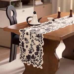 Black Floral Table Runner: Vintage-Inspired Scalloped Edge Cottagecore Decor