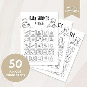 Neutrale babyshowerbingo, babyshowerspellen, voorgevulde babybingokaarten, afdrukbare babyshowerbingo, minimalistische bingokaarten, kaartspellen