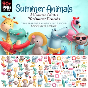 Summer Beach Animals Illustration Bundle, 90+ Animals Characters Cliparts, Kids Animals PNG Collection, Summer Decoration & Elements.