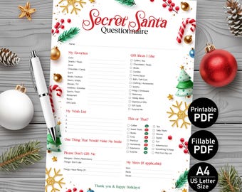 May include: A printable and fillable Secret Santa questionnaire sheet featuring red and green holiday graphics, including snowflakes, pine branches, and ornaments. The form includes sections for favorites, gift ideas, wish lists, and sizes.