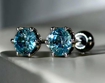 Blue Zircon Stud Earrings, Sterling Silver, December Birthstone