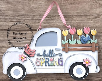 Hello Spring Truck Door Hanger DIY Kit | Unfinished Spring Truck Sign 12x6.5 | Paint Your Own Spring Door Decor | Farmhouse Spring Craft