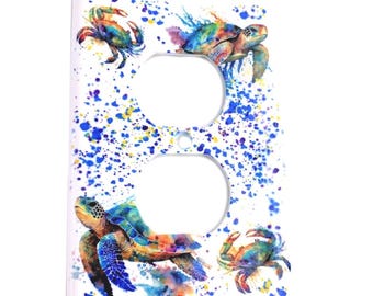 Beach home Sea Turtle Crab Light Switch Cover, Turtle Switchplate, Ocean theme Toggle Cover, Electrical Outlet Cover, Turtle Art Splash