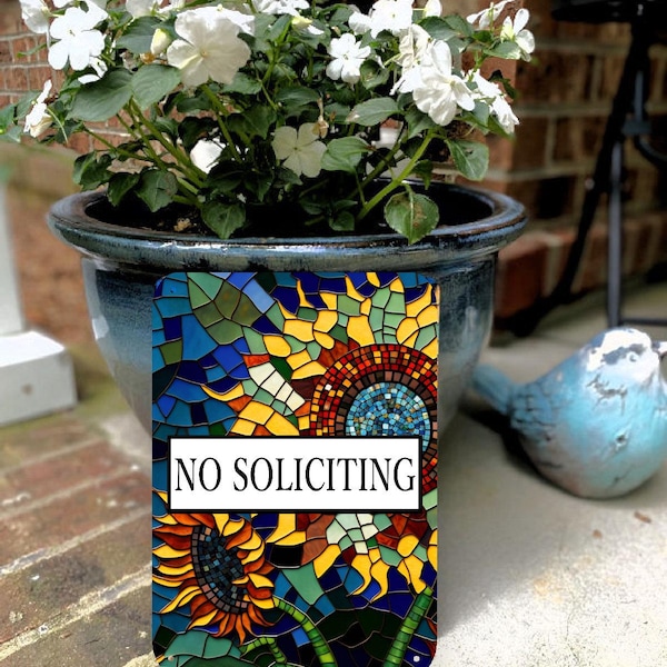 No Soliciting Porch Sign, Metal Sign, Custom Text Aluminum Sign, She Shed Sign, Garden Sign, Garden Markers, Front Porch, Faux mosaic metal