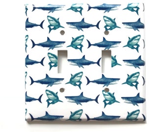 SWARM OF GREAT WHITE SHARKS BLUE OCEAN LIGHT SWITCH OUTLET PLATES SEA ROOM DECOR 