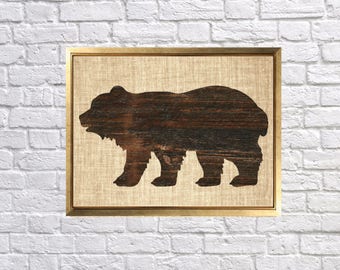 Woodland Bear Art Print, Dark Wood Look Bear, Nursery Forest Animals, Brown Bear Art, Rustic Wood Look Nursery, Burlap and Wood grain bear