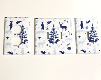 Woodland Animals Switchplate Cover -Woodland Navy Nursery - Electrical Outlet Cover - Rocker Plate cover - Deer Bear Tree