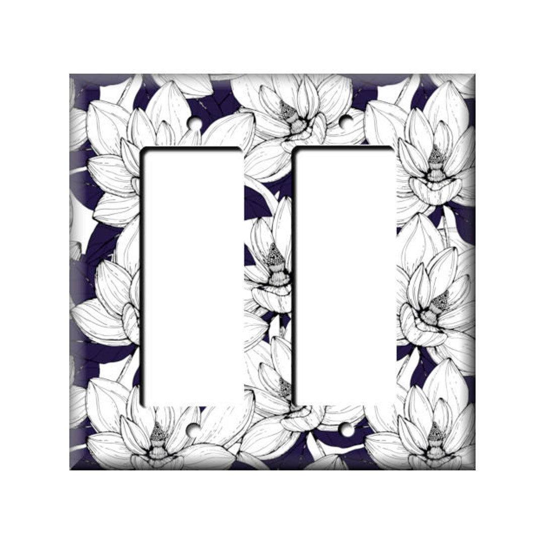 Navy White Flower Blossoms, Light Switch Cover, Triple Switchplate
