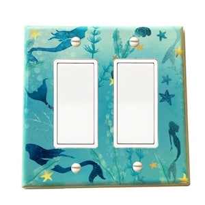 Mermaid Switchplate Cover, Teal Blue Gold, Aqua Watercolor mermaid, Lighting wall Decor, Rocker Cover, outlet cover, watercolor mermaid