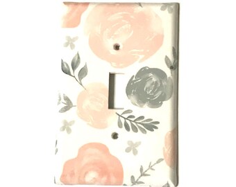 Blush Pink Gray Floral Light switch Cover, Pink Roses switchplate,  Triple Switchplate, Double switchplate, Baby Nursery, Lilys Nursery Shop