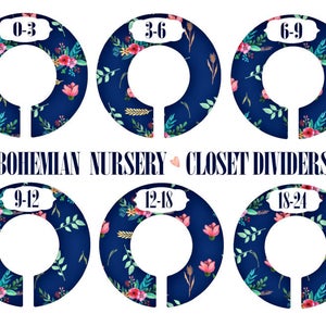 Bohemian Baby Nursery Closet Dividers, Navy Pink Mint Coral, Baby Clothes Dividers, Plastic Clothes Organizer, Floral Nursery Decor image 1