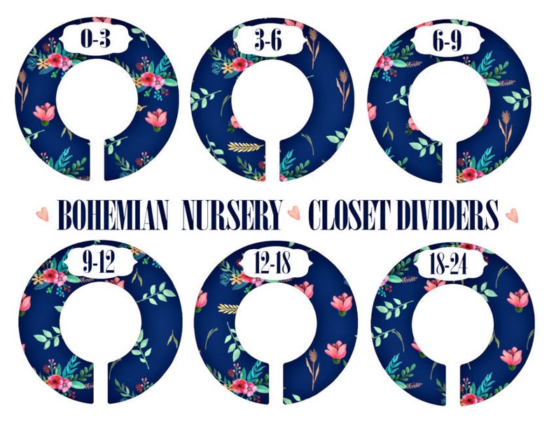 Bohemian Baby Nursery Closet Dividers, Navy Pink Mint Coral, Baby Clothes Dividers, Plastic Clothes Organizer, Floral Nursery Decor image 1
