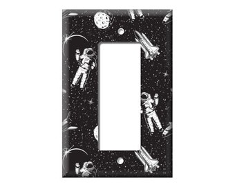 Space man Light Switch Cover, Astronaut Moon Switchplate, Stars Toggle, Electrical Outlet Cover, Black and Gold, GFI, Rocker cover, Space